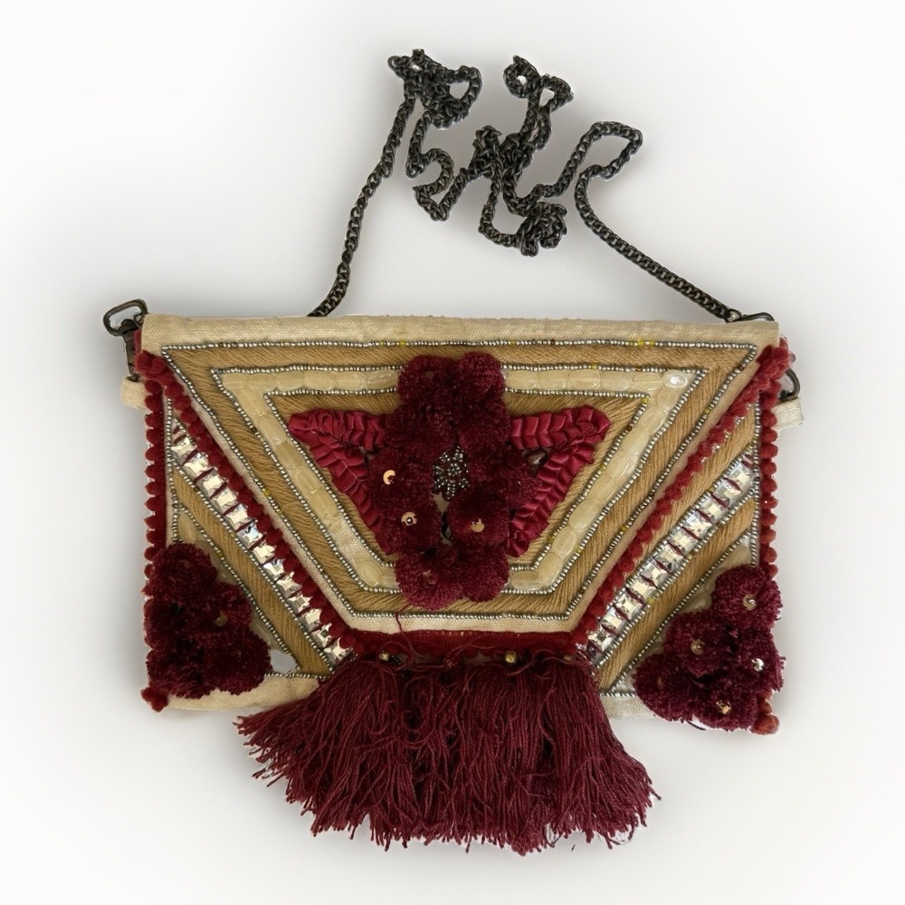 Burgundy Nomad Tassel & Sequin Boho Clutch Crossbody Strap World Market EUC
